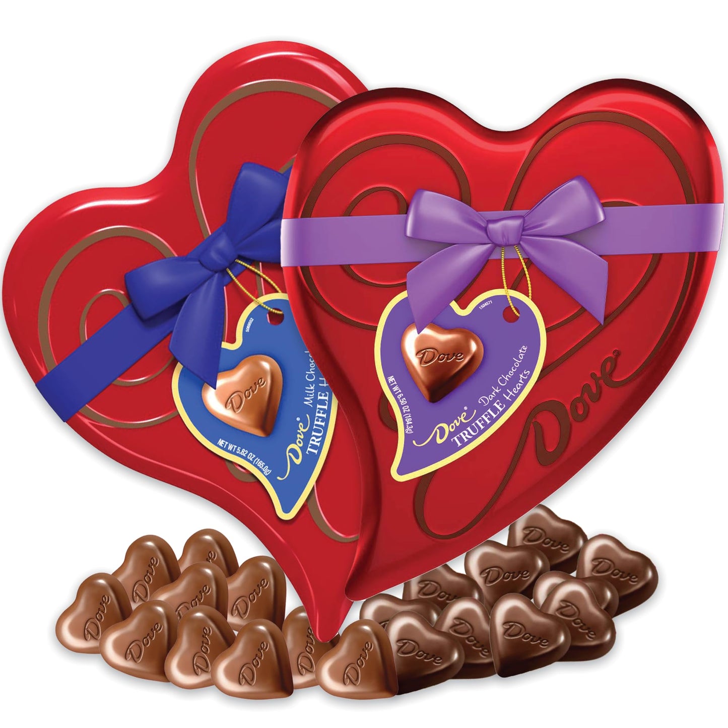 Valentines Day Chocolate Box Heart Tins Variety 2 Pack- Dove Milk Chocolate Truffles and Dove Dark Chocolate Truffles Valentine's Day Chocolate Hearts. Pack of 2 x 5.82oz Heart Tins.