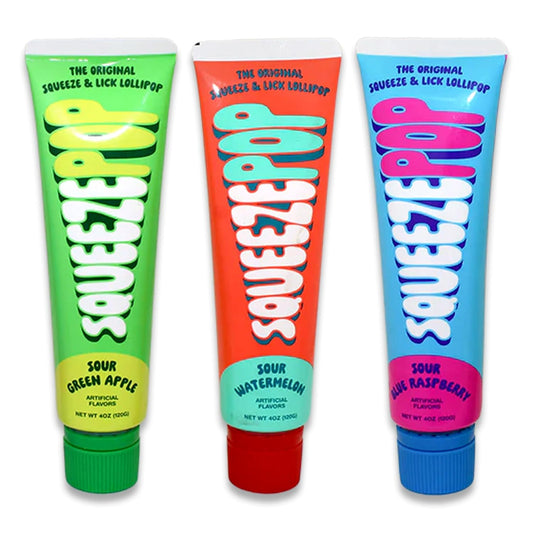 Squeeze Pops Assorted Flavor 4oz Tube, 3 Pack. Sour Green Apple, Sour Blue Raspberry Candy, Sour Watermelon Candy, Sour Squeeze Candy Gel, Liquid Candy, Goo Tubes