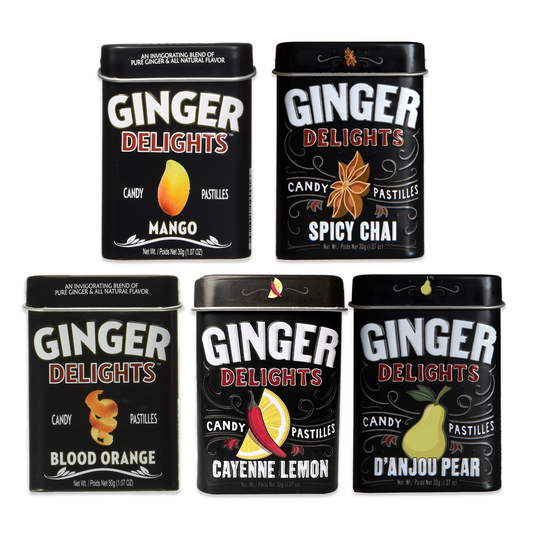 Big Sky Mints Ginger Delights Variety 5 Pack. Orange Mints, Pear Candy, Ginger Mint Candy, Ginger Mints in a Tin