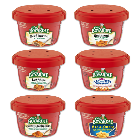 Chef Boyardee 7.5oz Variety Pack of 6- Beef Ravioli, Beefaroni, Spaghetti and Meatballs, Mac and Cheese, ABC&123, Lasagna