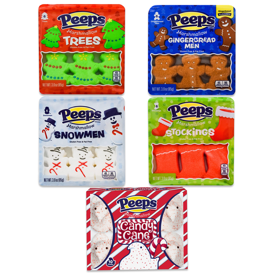 Peeps 5 Pack Variety Pack (34 Peeps Total)- 10ct Candy Cane, 6ct Trees, 6ct Snowman, 6ct Stockings, 6ct Gingerbread Men