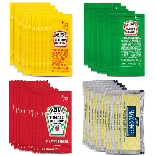 Heinz Condiment Packets Variety 100 Pack- 25 Heinz Ketchup Packets, 25 Mayonnaise Packets, 25 Mustard Packets, and 25 Relish Packets. Ketchup Heinz, Mayo Packets.