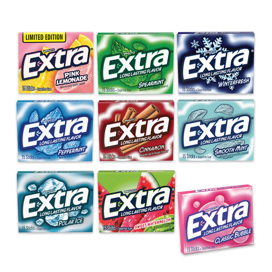 Extra Gum Variety 9 Pack of Sugar Free Gum. Bubble Gum, Chewing Gum, Bulk Gum Packs, Mint Gum, Spearmint Gum, Bubble Gum Bulk, Cinnamon Gum, Watermelon Gum Extra.