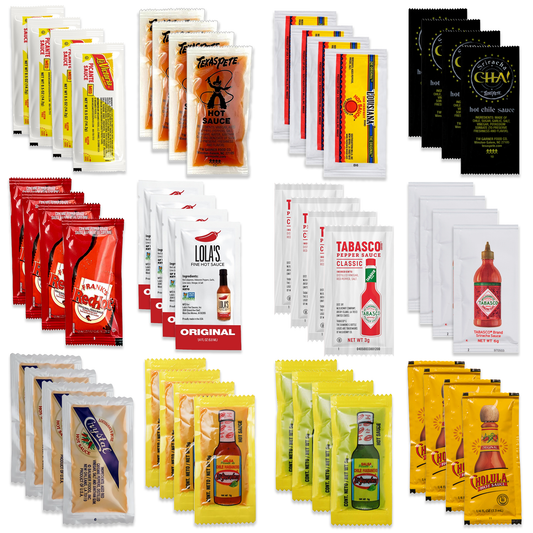 Hot Sauce Variety Pack of 48 Condiment Packets. 4 Each of 12 Flavors. Texas Pete Hot Sauce Packets, Mini Condiments, Mini Hot Sauce, Condiment Packets Variety Pack, Single Serve