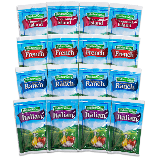 Hidden Valley Salad Dressing Packets 16 Pack- 4 x 1.5oz Packets Each of 4 Flavors- French Dressing, Golden Italian Dressing, Thick and Creamy Thousand Island Dressing, and Hidden Valley Ranch Packets.