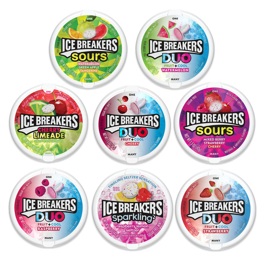 Ice Breakers Tins Variety Pack of 8 Flavors- Mixed Berry Sours, Duo Strawberry, Duo Watermelon, Cherry Limeade, Sparkling Raspberry Lemon, Watermelon Green Apple Tangerine Sours, Cherry Duo, Raspberry Duo. Mints Bulk