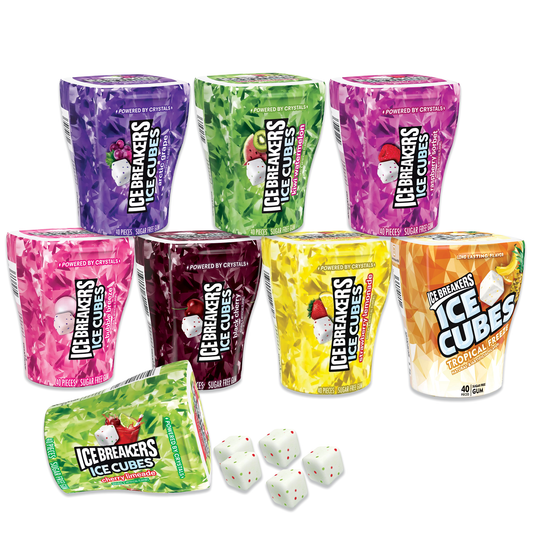 Ice Breakers Ice Cubes Gum Variety 8 Pack of Fruity Flavors- Bubble Breeze, Tropical Freeze, Arctic Grape, Raspberry Sorbet, Black Cherry, Cherry Limeade, Strawberry Lemonade, and Kiwi Watermelon.