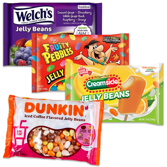 Easter Jelly Beans Bulk Variety 4 Pack- Dunkin Donuts Iced Coffee Jellybeans, Fruity Pebbles Jelly Beans, Welchs Jelly Beans, and Orange Creamsicle Jelly Bean. Jellybeans Candy