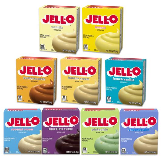 Jell-o Instant Pudding and Pie Filler 3.4oz Variety Pack of 9- Coconut, Vanilla, Chocolate Fudge, Banana, French Vanilla, Lemon, Pistachio, Butterscotch, Cheesecake