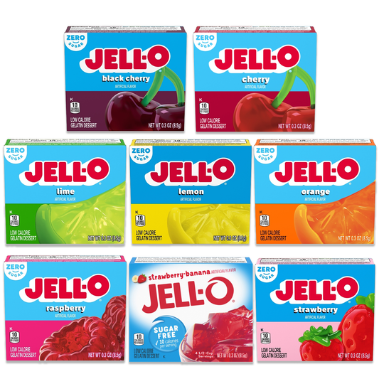 Jell-o Sugar Free Variety Pack of 8, 0.3oz- Lemon, Strawberry, Strawberry Banana, Raspberry, Lime, Cherry, Black Cherry, Orange