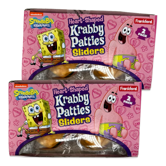 Krabby Patties Heart Shaped 2pk Pack of 2 (4 total) Heart Shaped Spongebob Candy Krabby Patty Gummy Sliders, 4 Count. Valentines Candy for Kids 2 Boxes, Each with 2 Sliders.