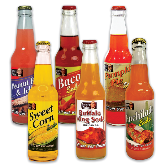 Lester's Fixin Wierd Soda Variety Pack of 6 Flavors- Peanut Butter and Jelly, Bacon Maple Soda, Buffalo Wing Soda, Enchilada Soda, Sweet Corn Soda, Pumpkin Pie Soda