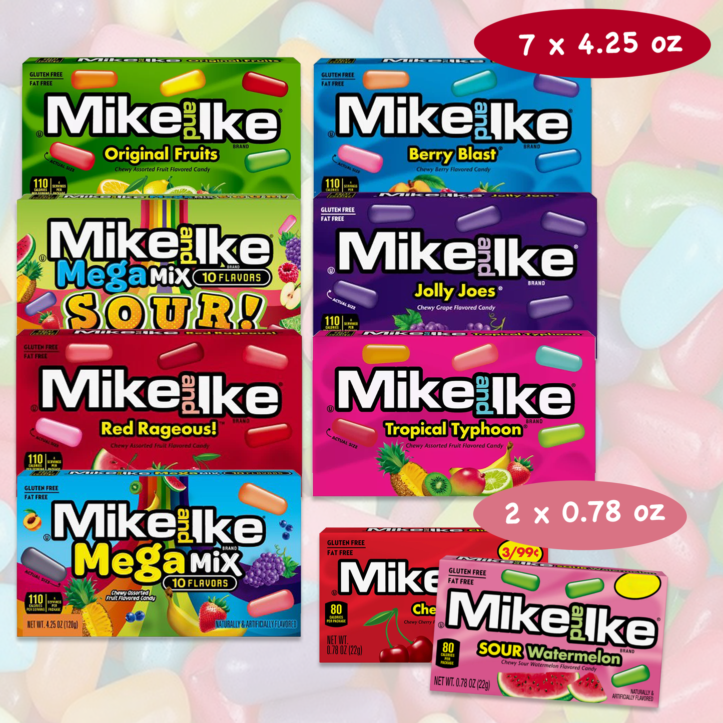 Mike and Ike Variety Pack of 9- Red Rageous, Jolly Joes, Original, Tropical Typhoon, Berry Blast, Mega Mix, Sour Mega Mix, Sour Watermelon, Cherry