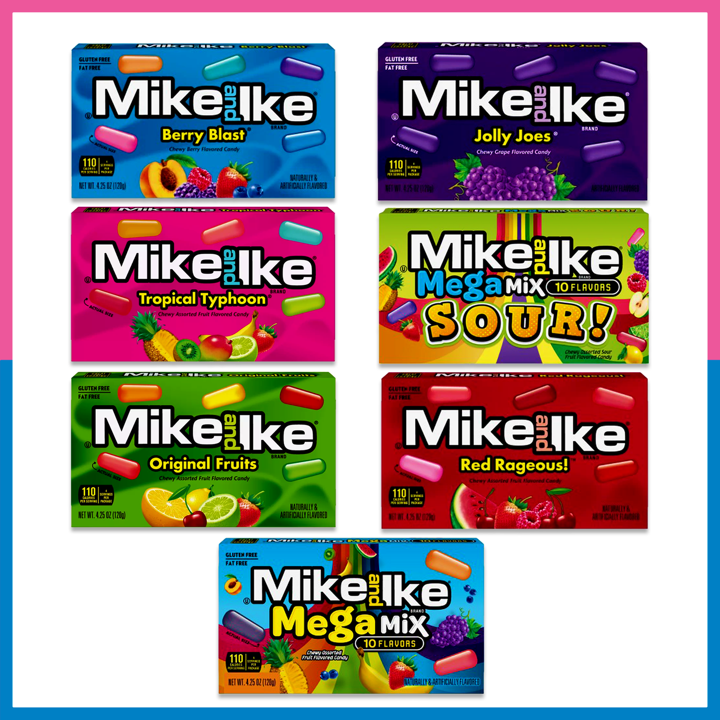 Mike and Ike Variety Pack of 9- Red Rageous, Jolly Joes, Original, Tropical Typhoon, Berry Blast, Mega Mix, Sour Mega Mix, Sour Watermelon, Cherry