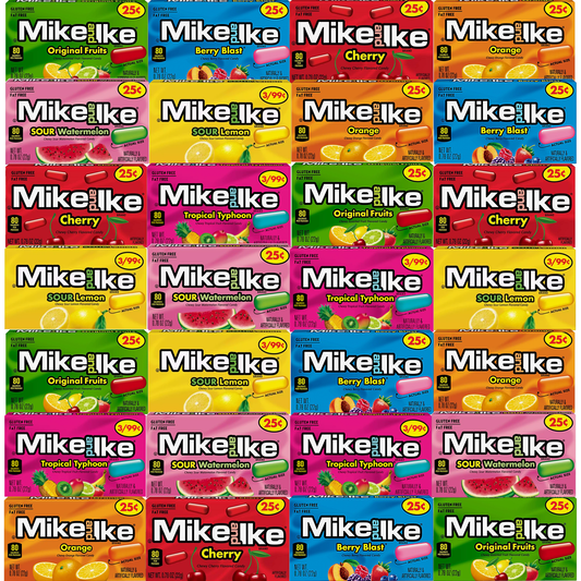 Mike and Ike Mini Box Variety Pack of 7 Flavors 4 of Each Flavor (Total of 28 Boxes, 0.78oz) Original, Orange, Sour Lemon, Tropical Mini, Berry Blast, Sour Watermelon, Cherry