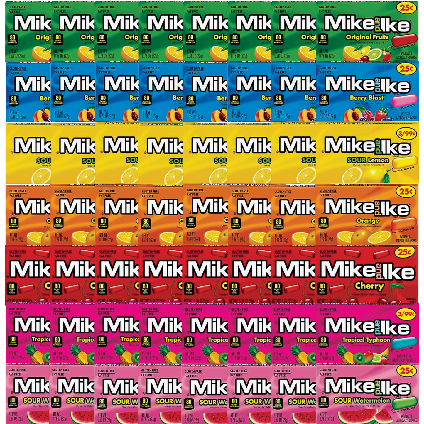 Mike and Ike Mini Box Variety Pack of 7 Flavors 8 of Each Flavor (Total of 56 Boxes, 0.78oz) Original, Orange, Sour Lemon, Tropical Mini, Berry Blast, Sour Watermelon, Cherry