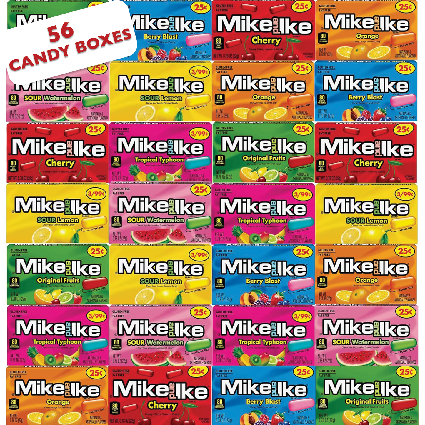 Mike and Ike Mini Box Variety Pack of 7 Flavors 8 of Each Flavor (Total of 56 Boxes, 0.78oz) Original, Orange, Sour Lemon, Tropical Mini, Berry Blast, Sour Watermelon, Cherry