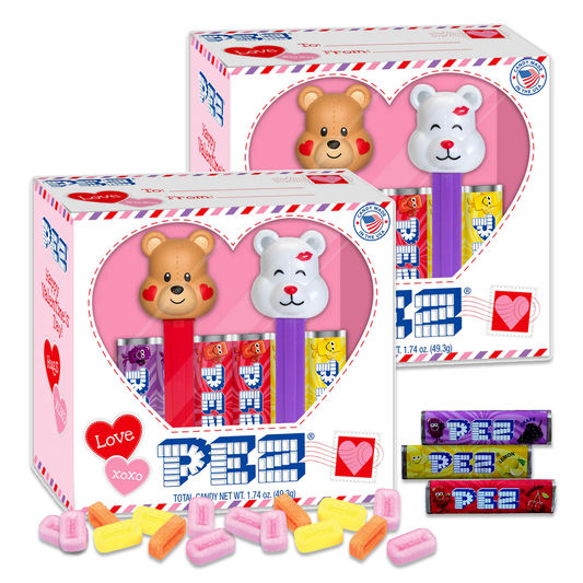 Pez Valentines Day Candy Bears Dispenser Twin Set, 2 Pack. Bulk Candy Valentines Day, Pez Candy for Valentines Day, Assorted Valentine Candy, Pez Refill Rolls