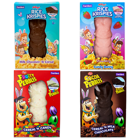 Rice Krispies, Fruity Pebbles, and Cocoa Pebbles Easter Chocolate Bunny 4 Pack. Easter Candy for Kids, Chocolate Bunny Candy, Chocolate Rabbit, Cocoa Krispies, Giant Chocolate Bunny