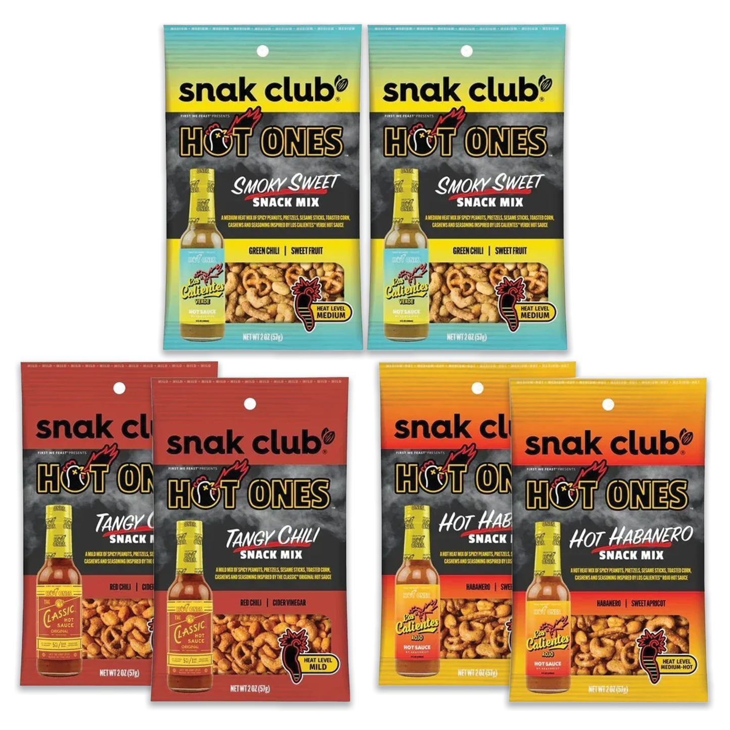 Snak Club Hot Ones 2oz Variety Pack of 3 Flavors 2 of Each (Pack of 6)- Hot Habanero, Smoky Sweet, Tangy Chili