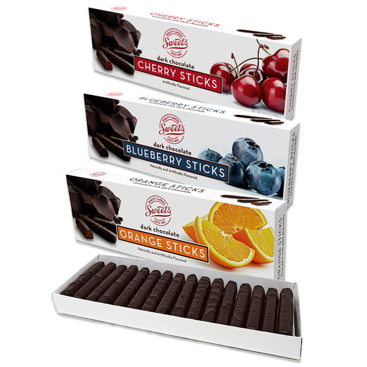 Sweets Candy Sticks Variety Pack of 3- Dark Chocolate Orange, Cherry, and Blueberry