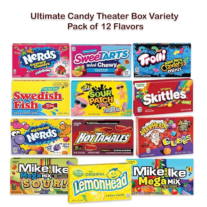 Movie Theater Candy Box Variety 12 Pack. Movie Candy, Mike and Ike Candy Bulk, Movie Theater Box Candy, Boxed Candy, Movie Candy Boxes Variety Pack Bulk