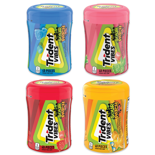 Trident Vibes Gum Variety 4 Pack- Trident Sour Patch Gum, Sour Gum, Sour Patch Kids Gum, Trident Watermelon Gum, Gum Sour Patch, Tropical Gum, Trident Tropical