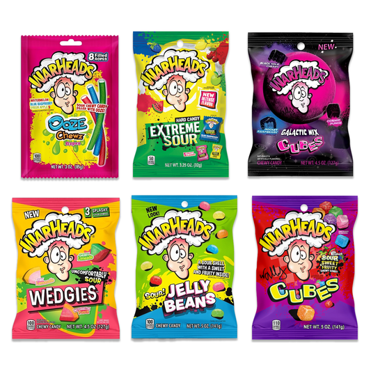 Warheads Peg Bag Variety Pack of 6- Ooze Chews Ropes, Wedgies, Chewy Cubes, Sour Jelly Beans, Galactic Mix, Sour Hard Candy Assorted 3.25oz