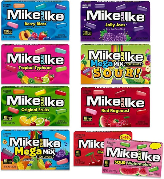 Mike and Ike Variety Pack of 9- Red Rageous, Jolly Joes, Original, Tropical Typhoon, Berry Blast, Mega Mix, Sour Mega Mix, Sour Watermelon, Cherry